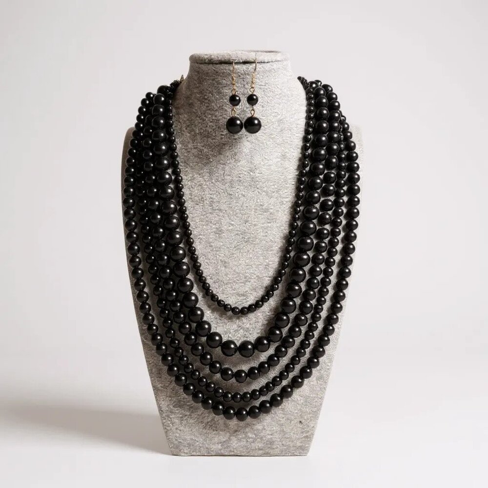Five Layers Black Lucite Bead Necklace earring Set